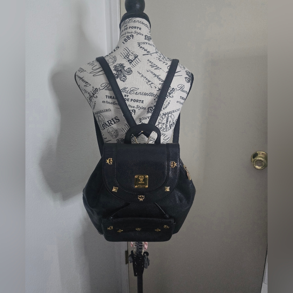 MCM Black Leather Logo Studded Backpack with Gold Hardware comes with COA - Picture 3 of 16